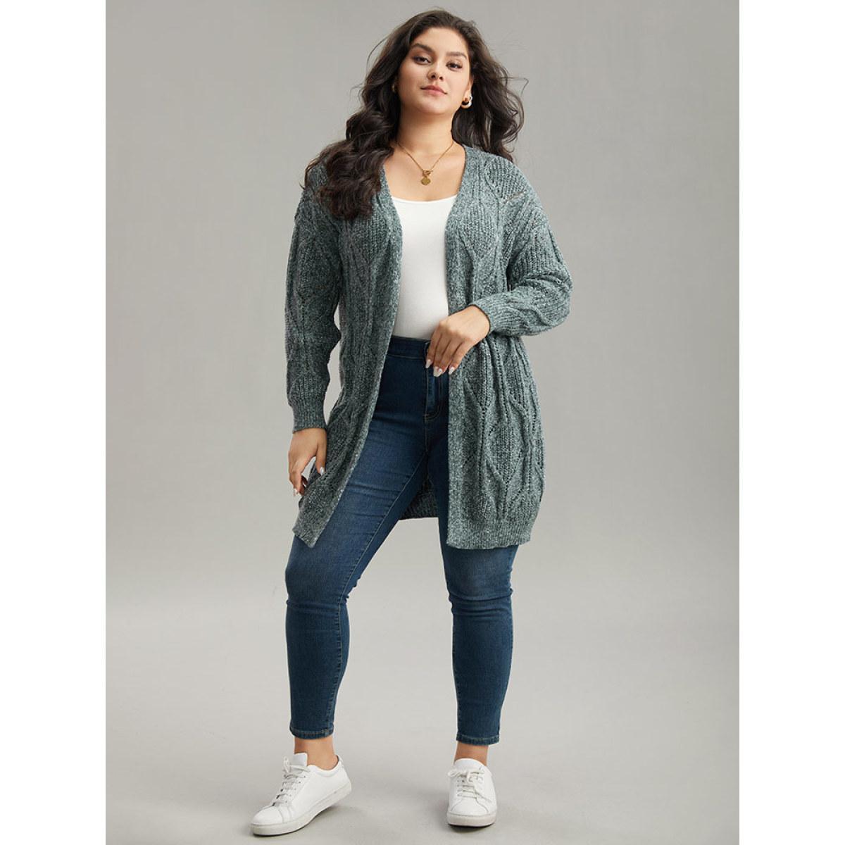 Plus Size Plain Cable Knit Drop Shoulder Cardigan DarkGreen Women Casual Loose Long Sleeve Dailywear Cardigans BloomChic 14-16/1X Product Image