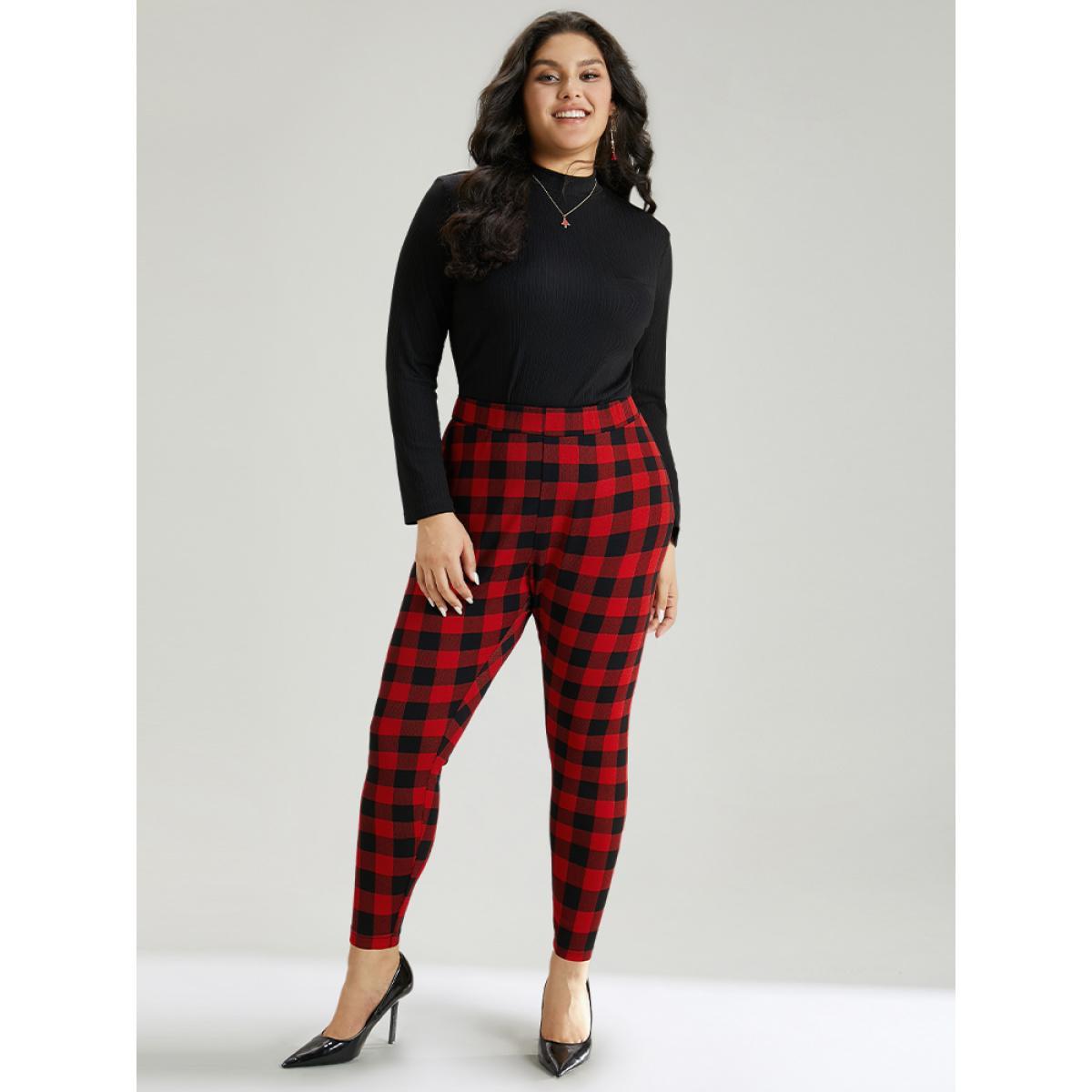 Plus Size Plaid Elastic Waist High Rise Skinny Leggings Women Raspberry Elegant High stretch Skinny High Rise Festival-Christmas Leggings BloomChic 10/M Product Image