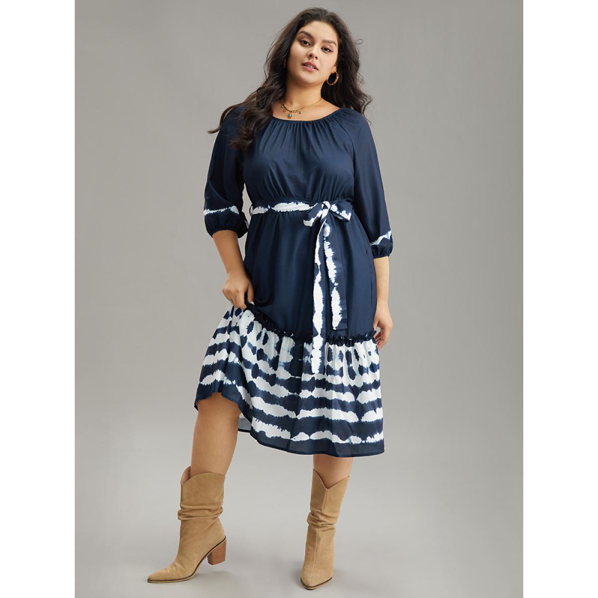 Plus Size Tie Dye Gathered Belted Lantern Sleeve Dress DarkBlue Women Vacation Elastic cuffs Round Neck Elbow-length sleeve Curvy Midi Dress BloomChic 14-16/1X Product Image