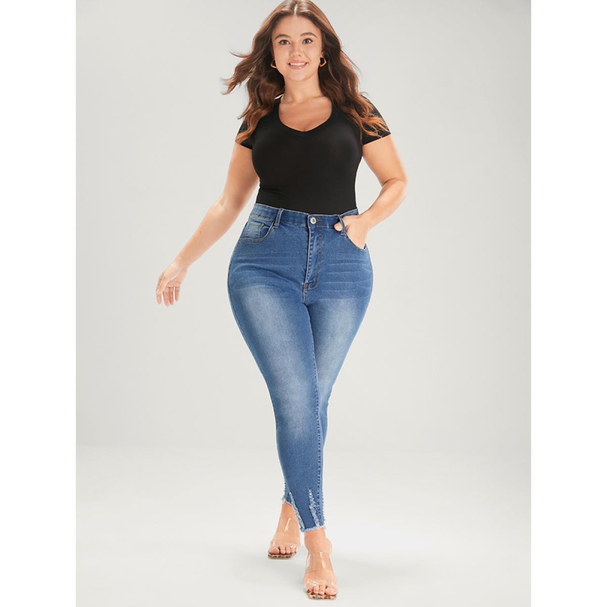 Plus Size Skinny Very Stretchy Mid Rise Medium Wash Pocket Jeans Women Blue Casual Plain Pocket High stretch Pocket Jeans BloomChic 10/M Product Image