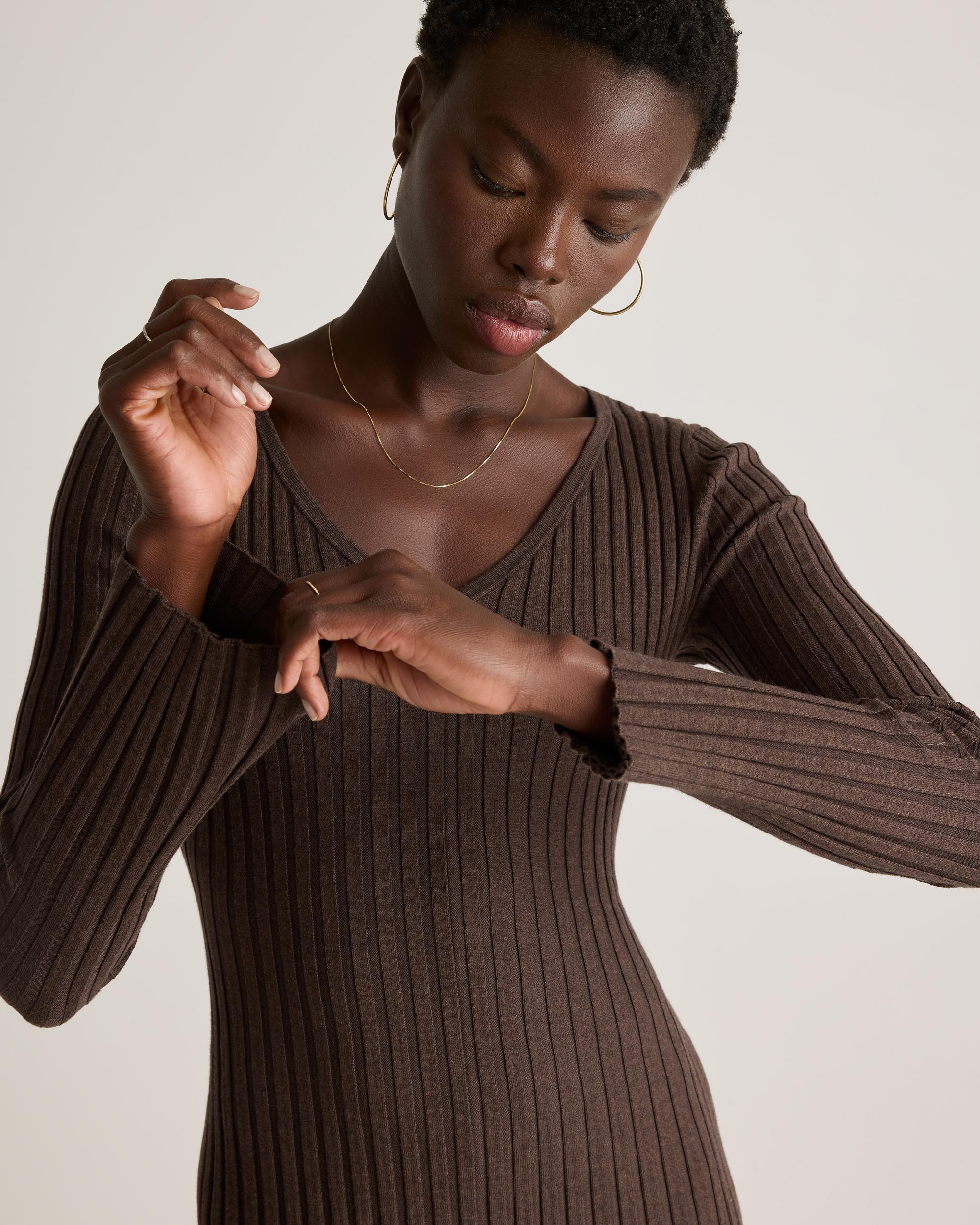 Quince | Women's Cotton Cashmere Ribbed Long Sleeve V-Neck Midi Dress Size XL Product Image