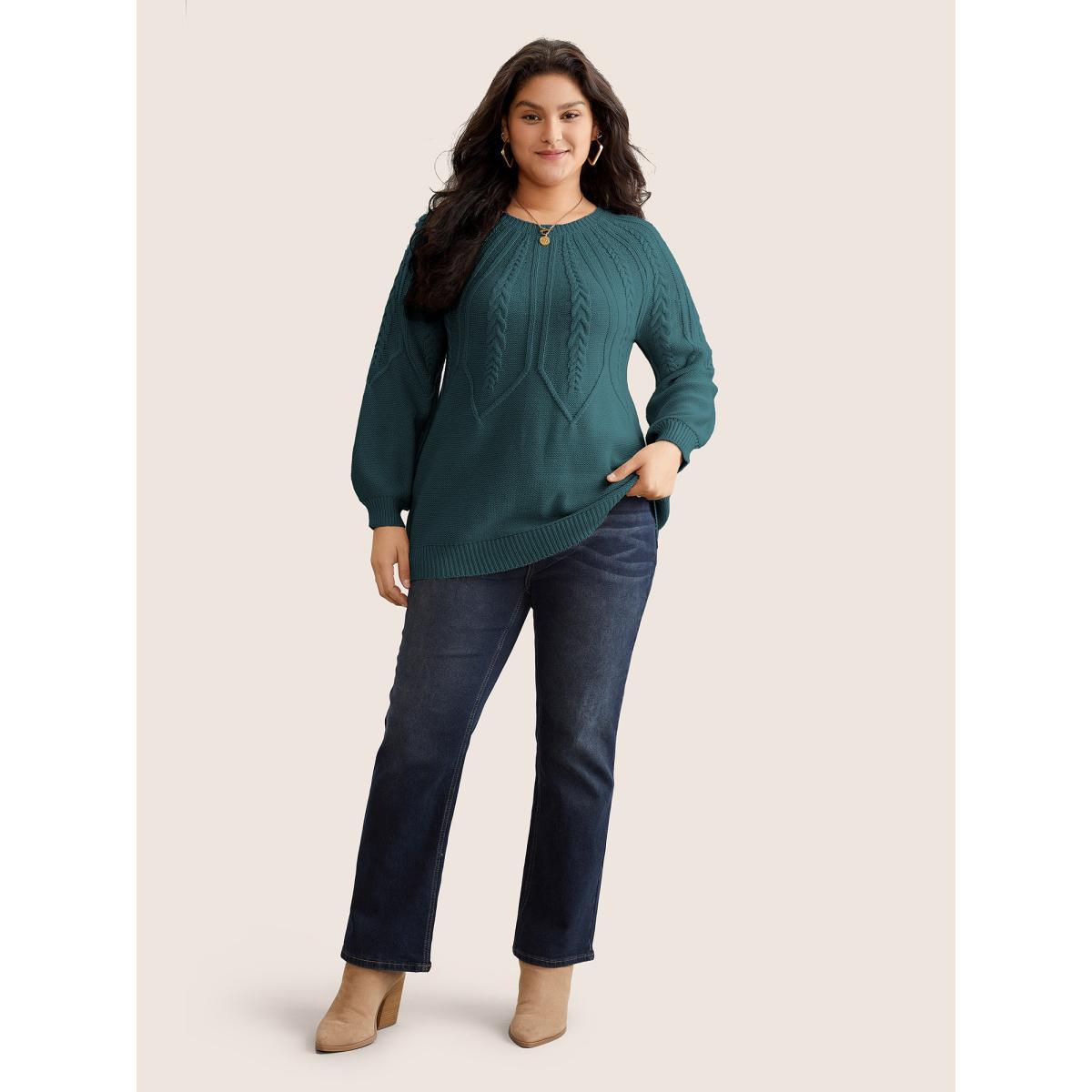 Plus Size Solid Textured Lantern Sleeve Pullover Cyan Women Basics Long Sleeve Round Neck Everyday Pullovers BloomChic 12/L Product Image