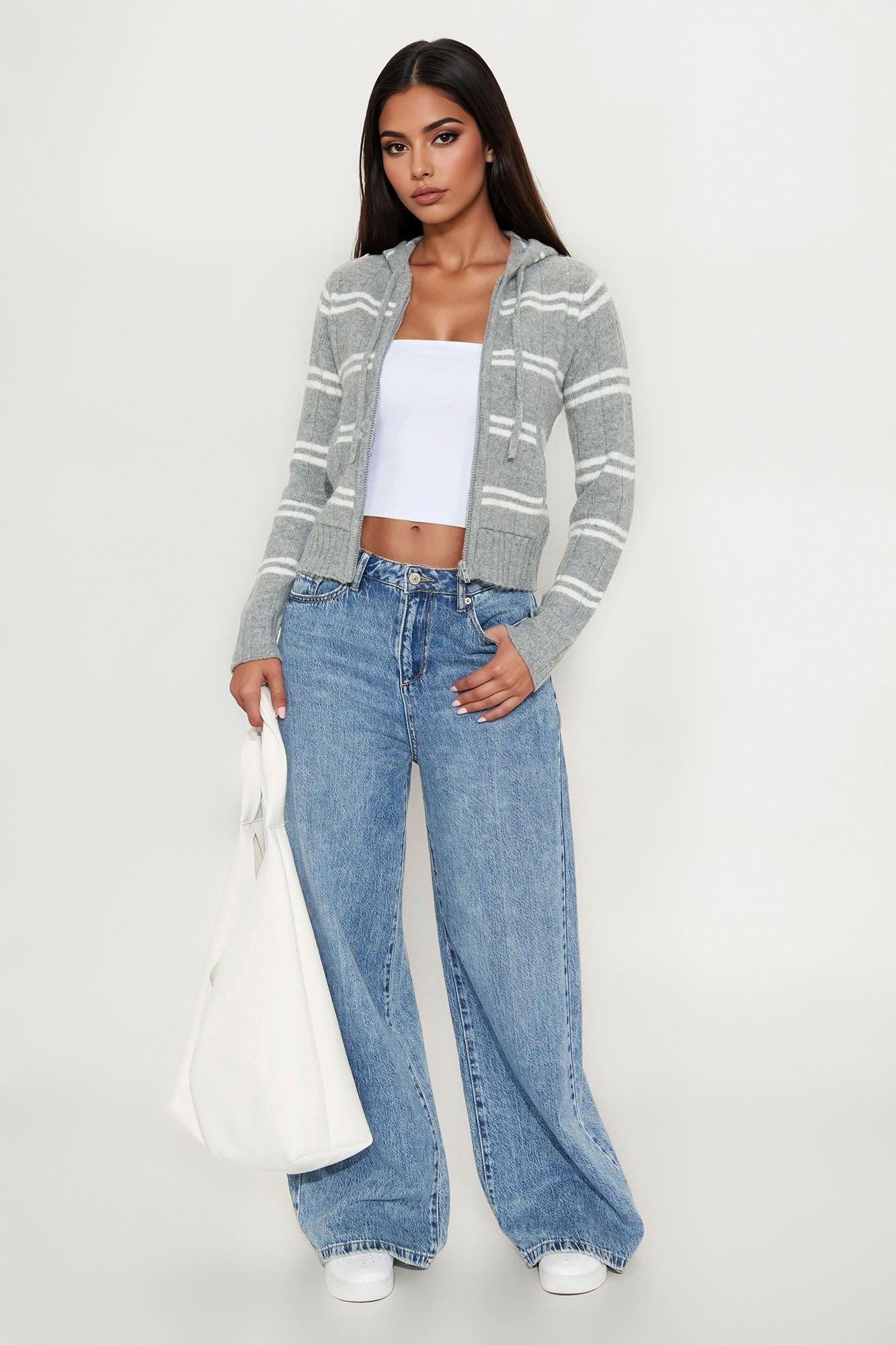 Striped Life Zip Front Hoodie - Heather Grey Product Image