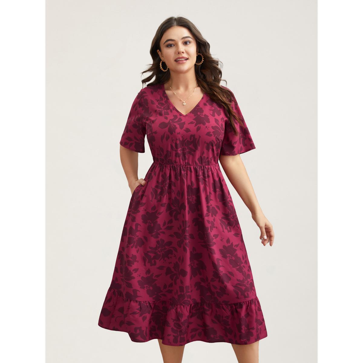 Plus Size Romantic Flower Print Pockets Midi Dress RedViolet Women Elegant Non V-neck Short sleeve Curvy BloomChic 12/L Product Image