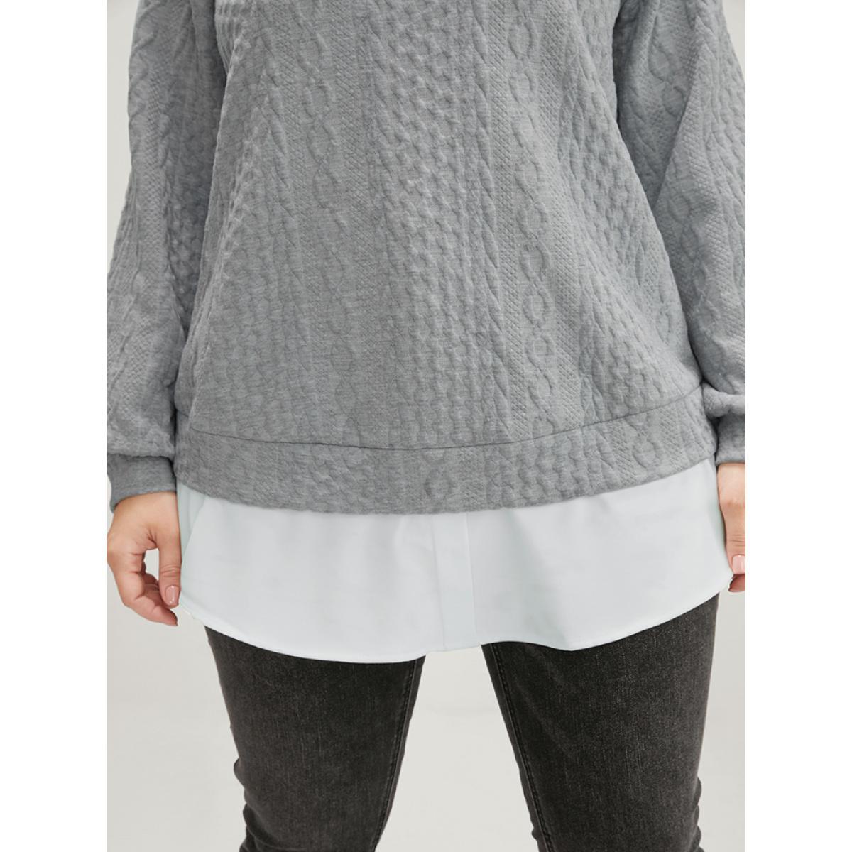 Plus Size Solid Textured Round Neck 2-In-1 Sweatshirt Women Gray Casual Patchwork Round Neck Dailywear Sweatshirts BloomChic 12/L Product Image