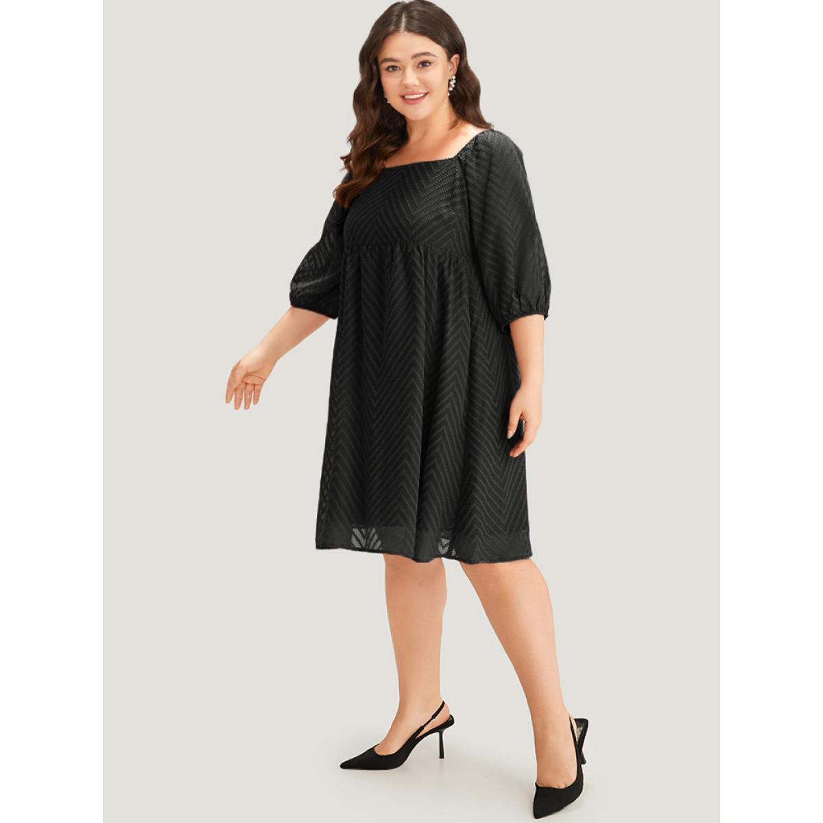 Plus Size Plisse Solid Square Neck Lantern Sleeve Dress Black Women Office Lined Square Neck Half Sleeve Curvy Midi Dress BloomChic 18-20/2X Product Image