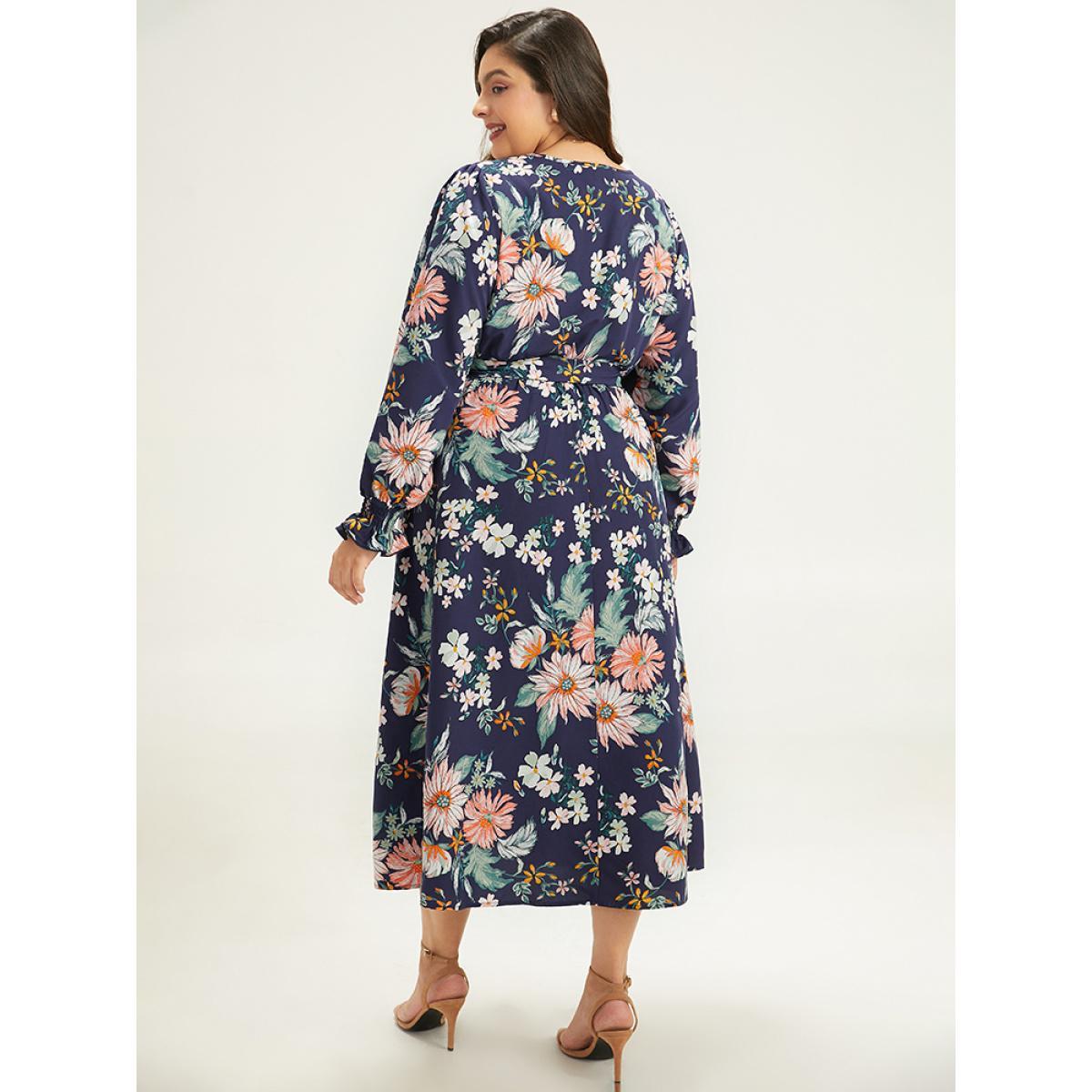 Plus Size Floral Print Overlap Collar Shirred Dress DarkBlue Women Elegant Belted V-neck Long Sleeve Curvy Midi Dress BloomChic 22-24/3X Product Image