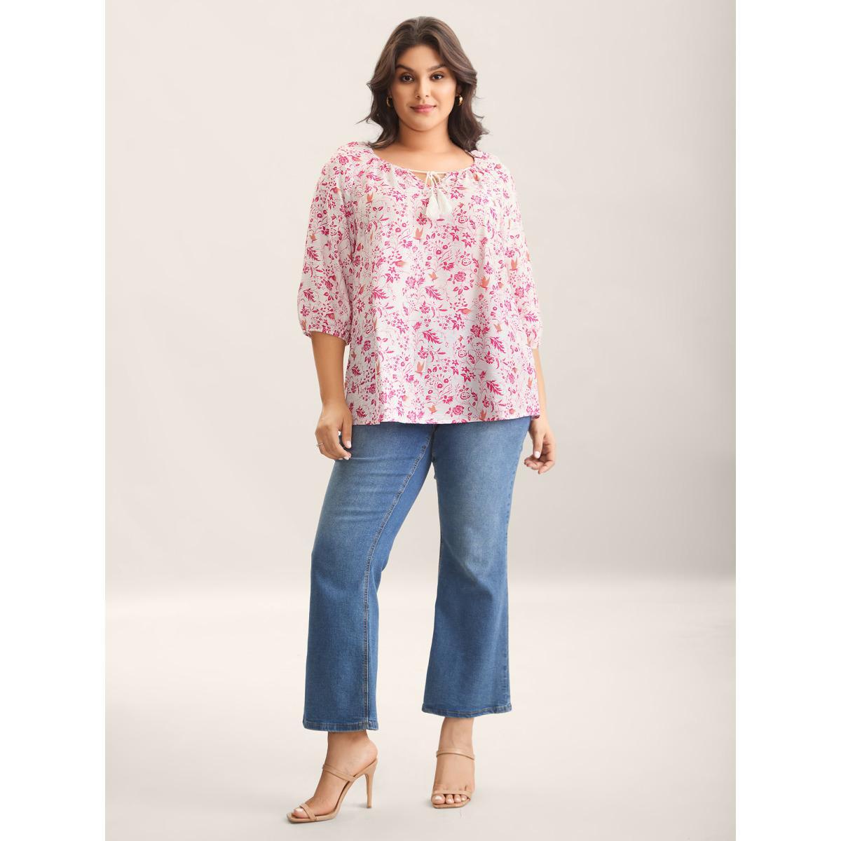 Plus Size Originalwhite Silhouette Floral Print Neck Tassels Blouse Women Elbow-length sleeve Notched collar Everyday-Elegant Blouses BloomChic 12/L Product Image