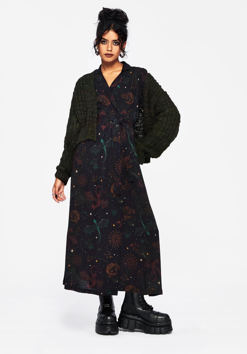 Phoenix Dragon Printed Wrap Midaxi Shirt Dress Product Image