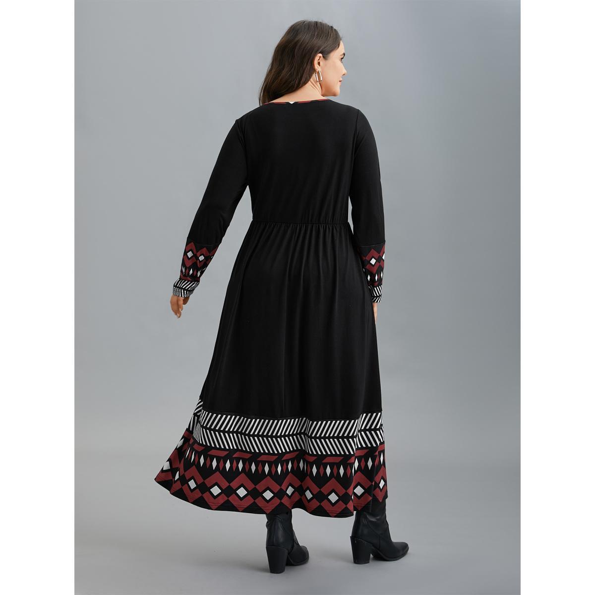 Plus Size Crew Neck Geometric Print Patchwork Dress BlackFlower Women Casual Non Knit Dresses Bloomchic 18-20/2X Product Image
