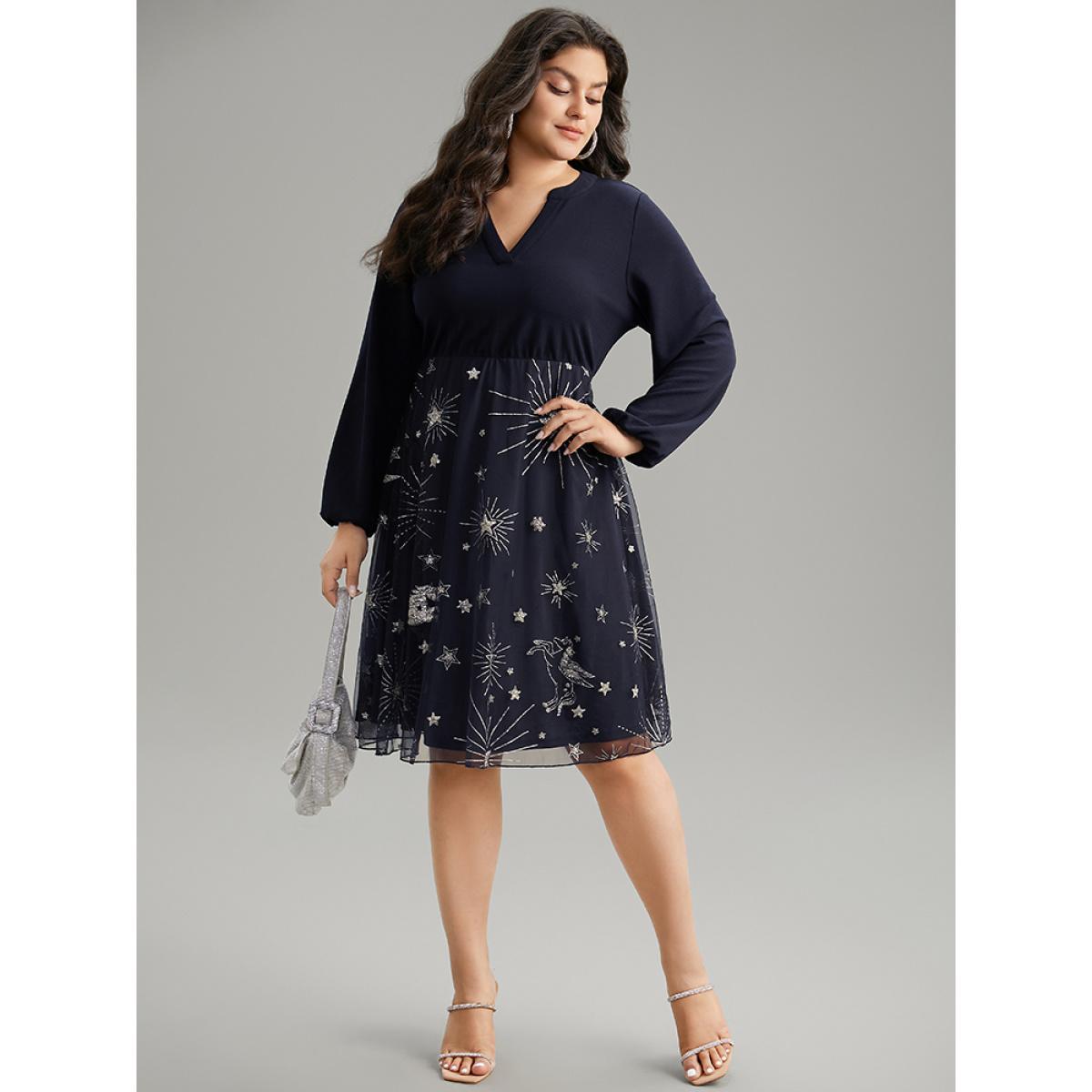 Plus Size Star Glitter Mesh Patchwork Notched Dress Midnight Women Party Elastic cuffs Notched collar Long Sleeve Curvy Midi Dress BloomChic 26/4X Product Image
