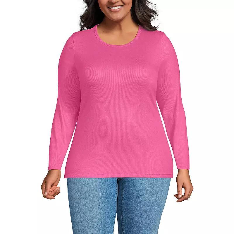 Plus Size Lands' End Long Sleeve Micro Rib Crewneck Top, Women's, Size: 2XL, White Product Image