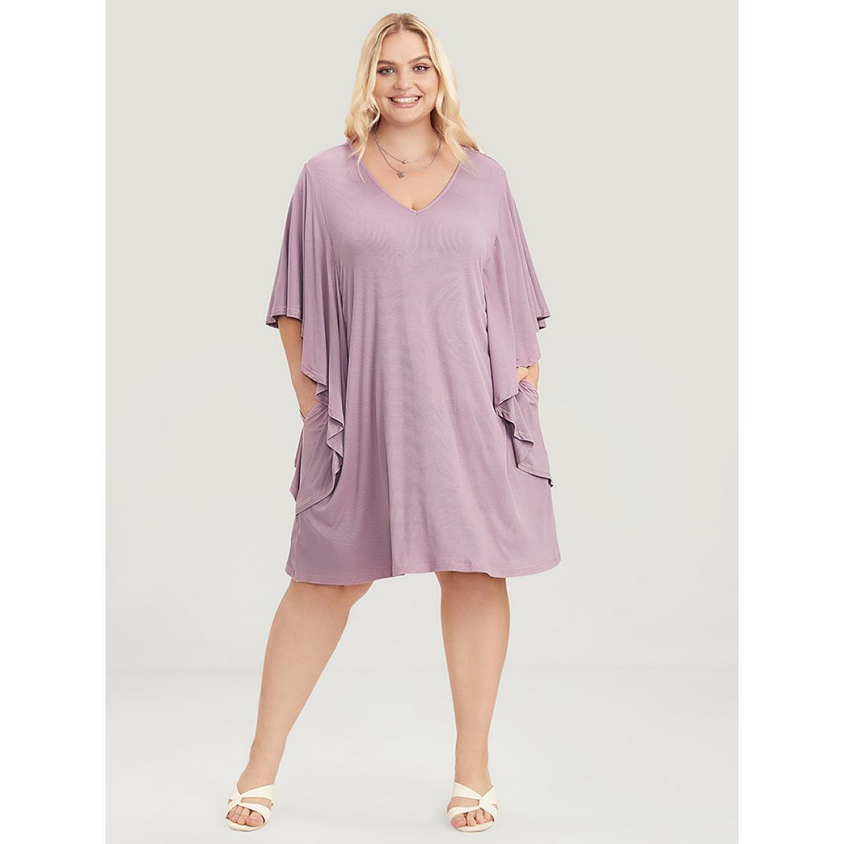 Plus Size Solid Dolman Sleeve Ruffle Trim Pocket Rib Knit Knee Dress Mauve Women Casual Pocket V-neck Half Sleeve Curvy Knee Dress BloomChic 30/6X Product Image