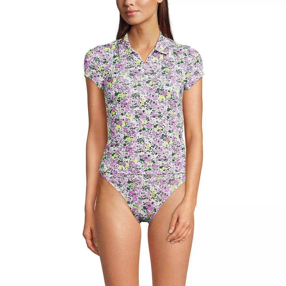 Women's Lands' End Short Sleeve Pique Johnny Collar UPF 50 Rashguard, Size: Medium, White Ditsy Floral Product Image