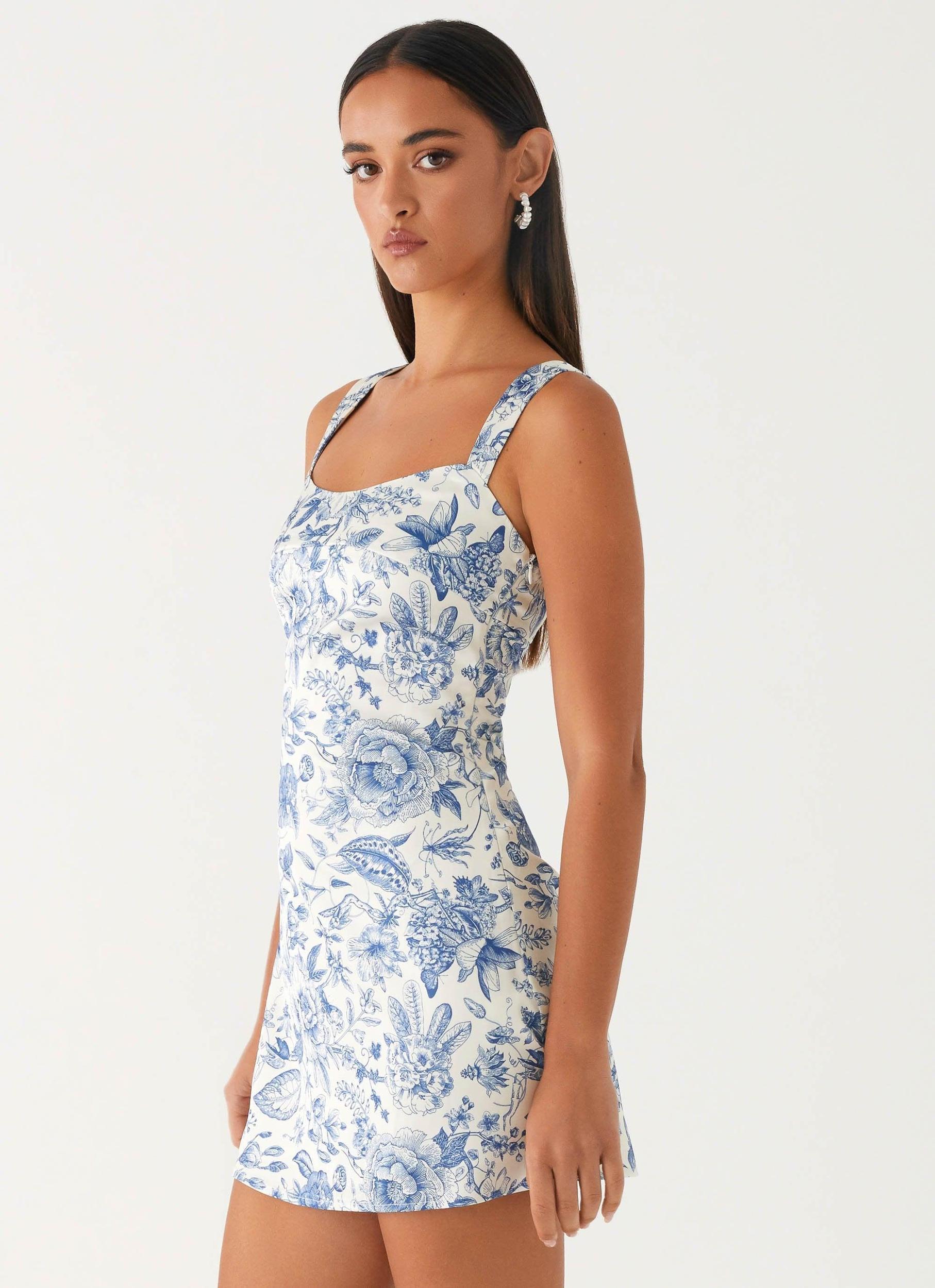 Odette Satin Mini Dress - Blue Paisley Product Image