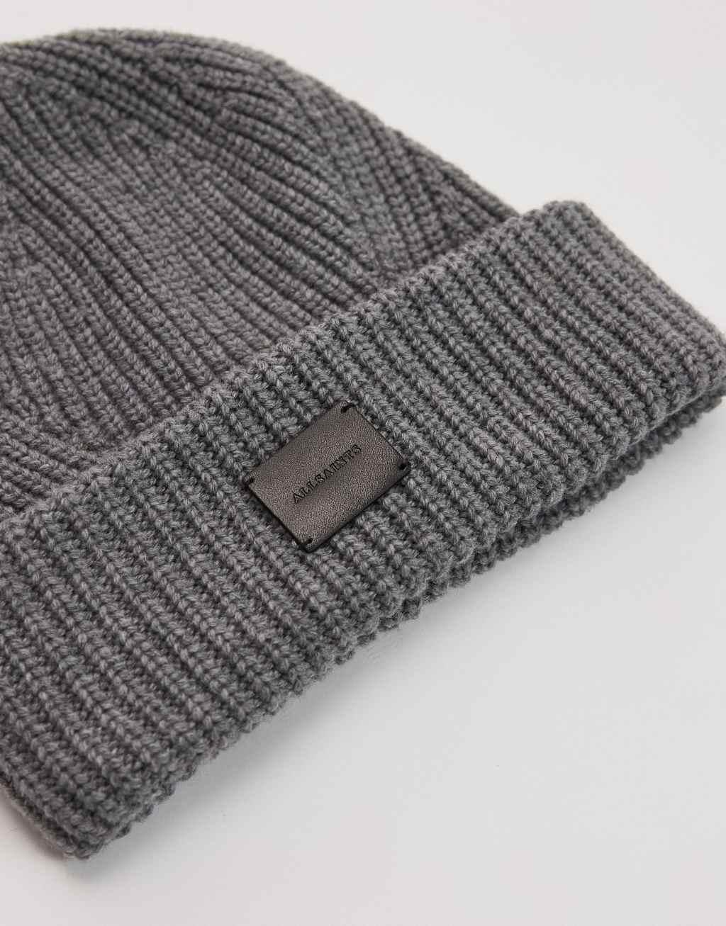 AllSaints ribbed leather logo beanie in heather gray Product Image