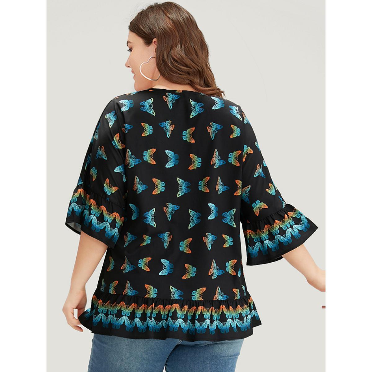 Plus Size BlackFlower Butterfly Notched Bell Sleeve Gathered Blouse Women Vacation Elbow-length sleeve Notched collar Dailywear Blouses BloomChic 12/L Product Image