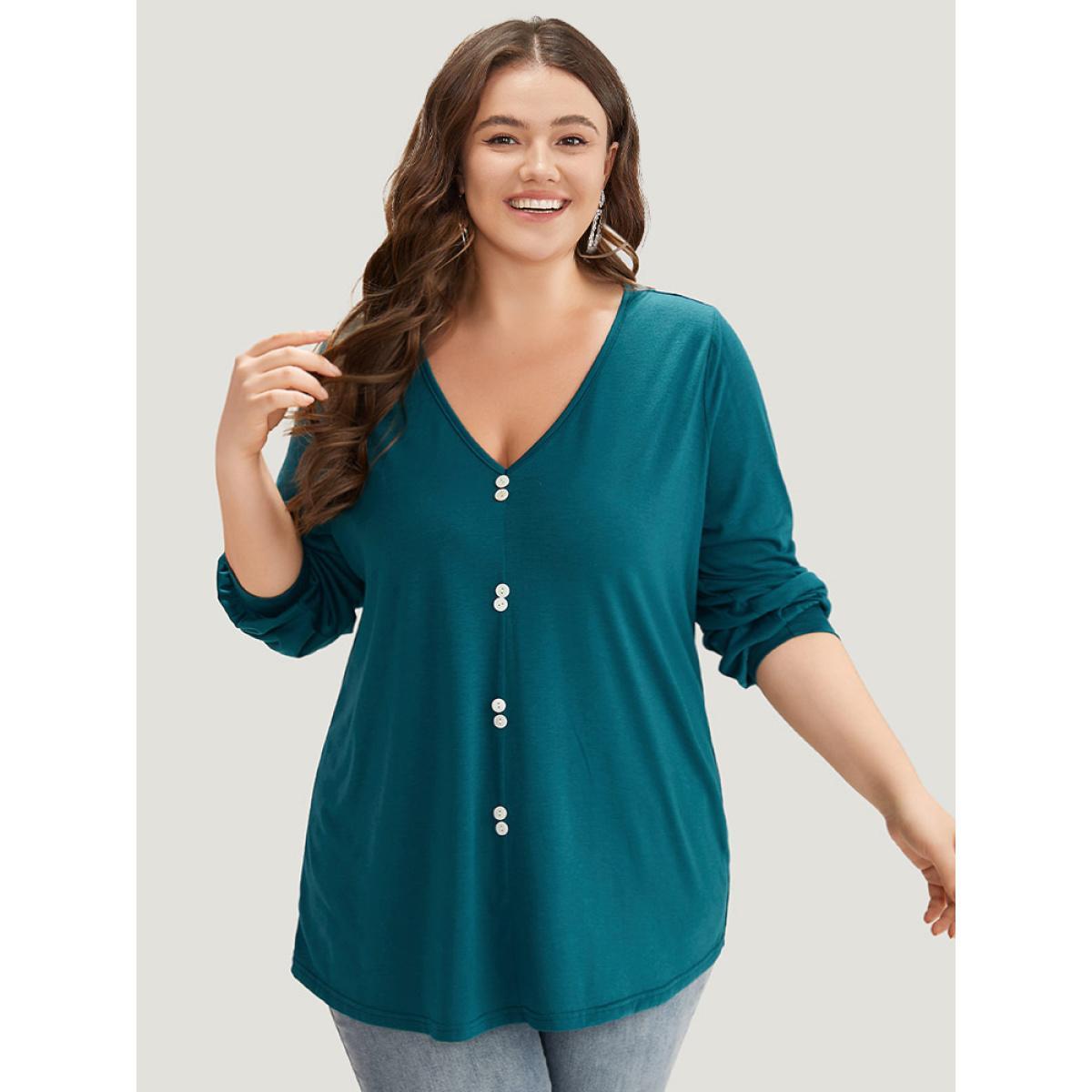 Plus Size Plain Button Detail V Neck Elastic Cuffs T-shirt Cyan Women Casual Elastic cuffs Plain V-neck Dailywear T-shirts BloomChic 22-24/3X Product Image