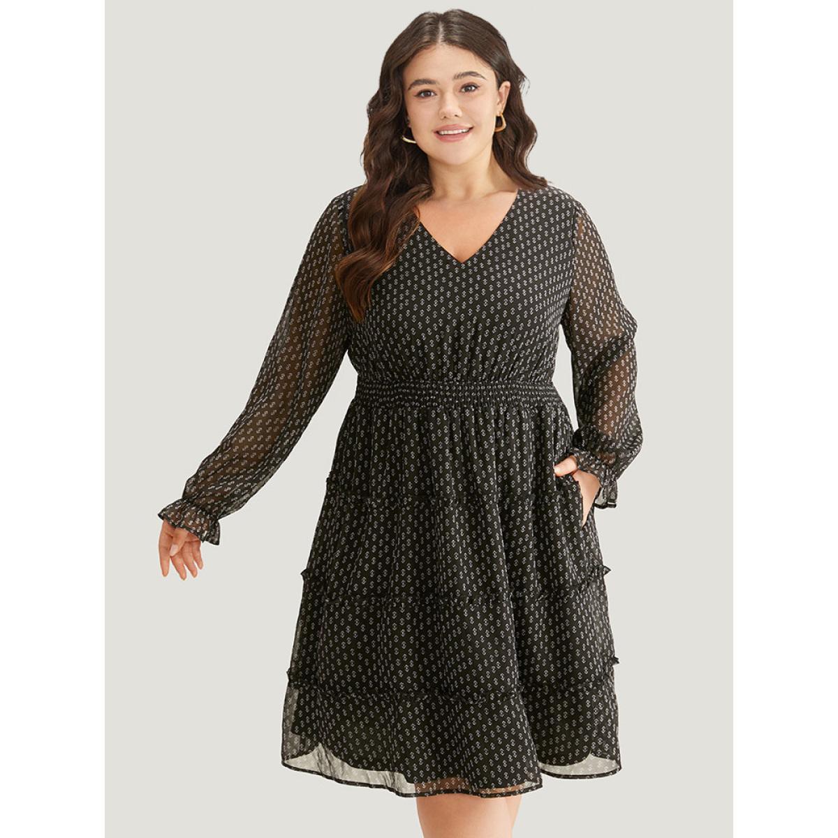Plus Size Geometric Shirred Mesh Frill Trim Dress BlackFlower Women At the Office See through V-neck Long Sleeve Curvy Midi Dress BloomChic 22-24/3X Product Image