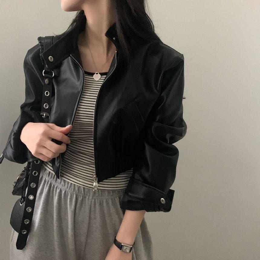 Stand Collar Plain Zip-Up Faux Leather Crop Jacket Product Image
