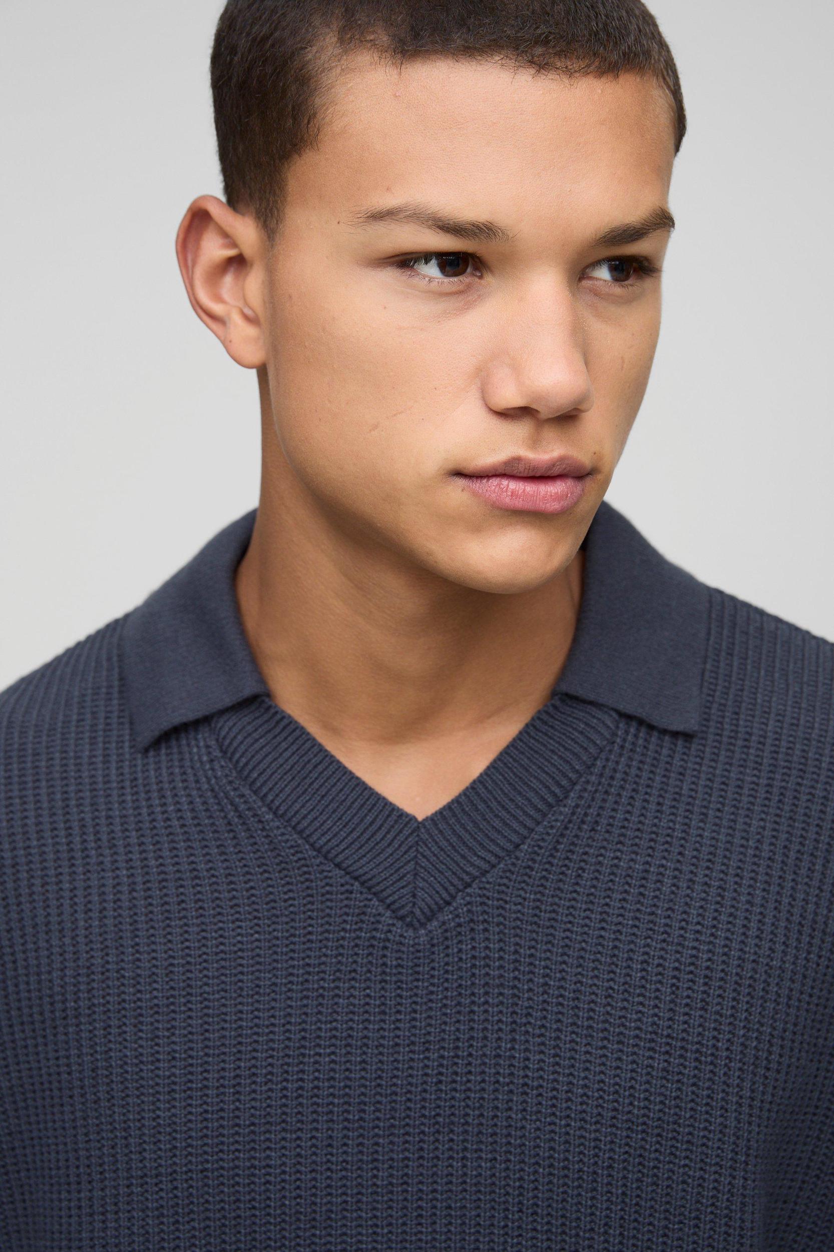 Oversized Boxy Double Collar Detail Knitted Sweater | boohooMAN USA Product Image