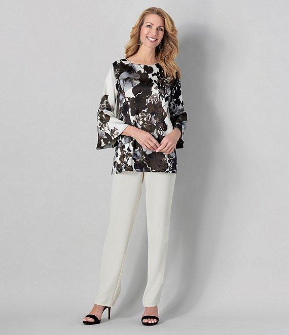 Caroline Rose Woven Crepe Bella Fall Floral Print Scoop Neck 3/4 Bell Sleeve Top Product Image