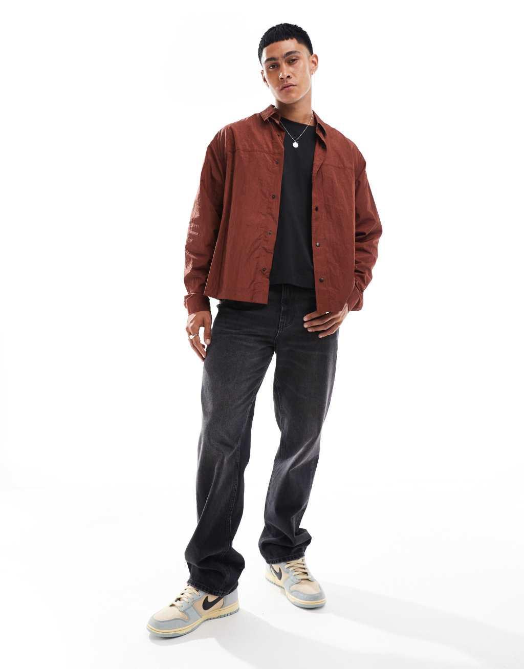 ASOS DESIGN boxy nylon shirt in brown Product Image