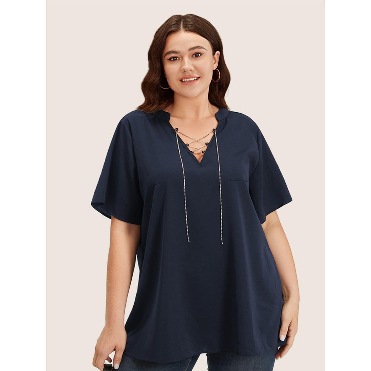 Plus Size Indigo Solid Crisscross Notched Metal Decor Blouse Women Office Short sleeve Notched collar Work Blouses BloomChic 18-20/2X Product Image