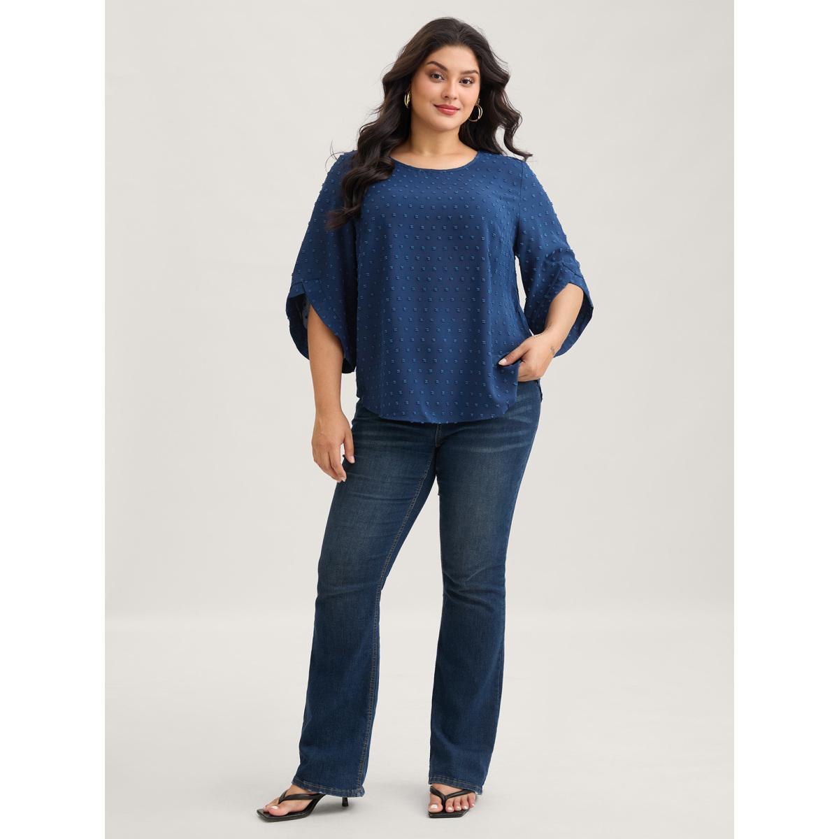 Plus Size Indigo Textured Round Neck Bell Sleeve Blouse Women Elegant Elbow-length sleeve Round Neck Everyday Blouses BloomChic 12/L Product Image
