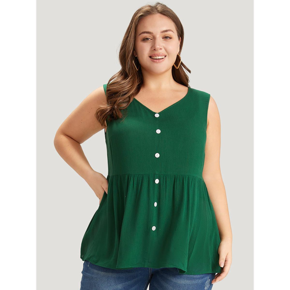 Plus Size Plain Flutter Hem Button Detail Tank Top Women DarkGreen Elegant Button V-neck Dailywear Tank Tops Camis BloomChic 28/5X Product Image