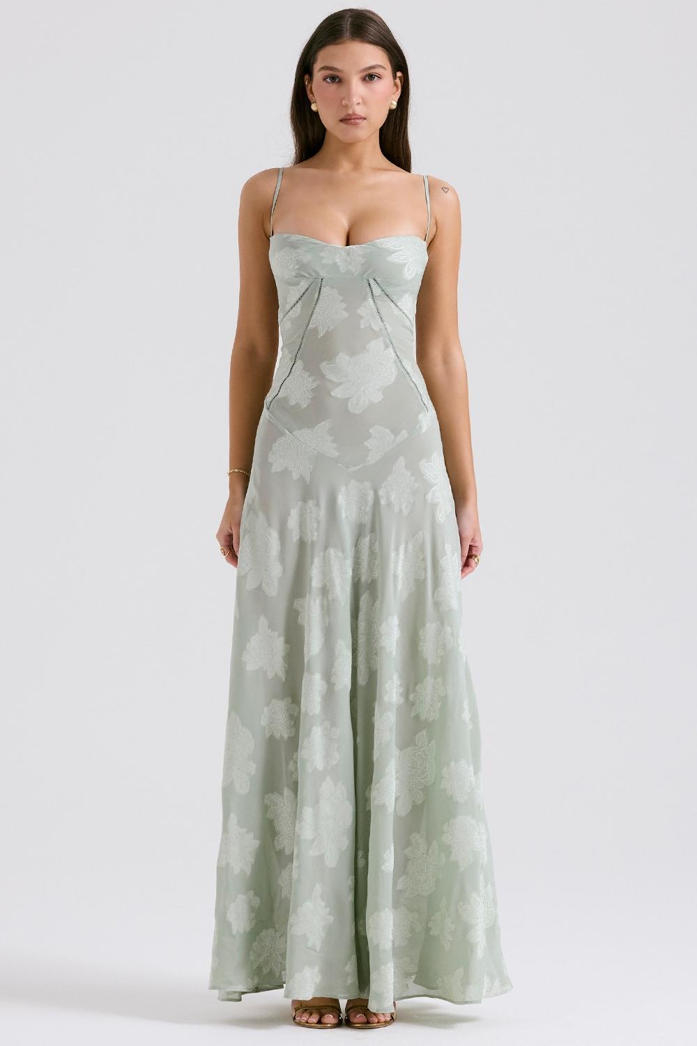 Seren Pistachio Floral Lace Back Maxi Dress Product Image