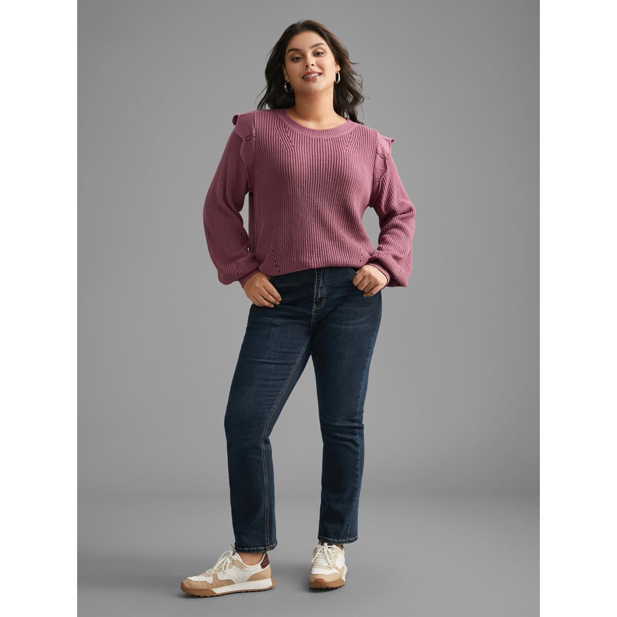 Plus Size Plain Texture Trim Lantern Sleeve Pullover DustyPink Women Casual Loose Long Sleeve Round Neck Everyday Pullovers BloomChic 26/4X Product Image