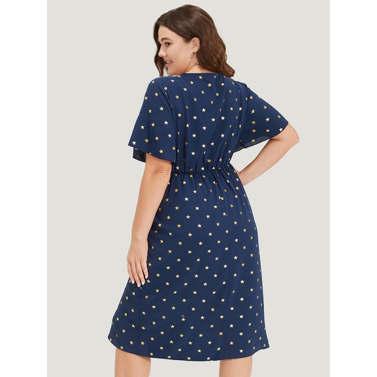 Plus Size Star Wrap Ties Pocket Ruffle Sleeve Dress Indigo Women Party Wrap Overlap Collar Sleeveless Curvy Midi Dress BloomChic 14-16/1X Product Image