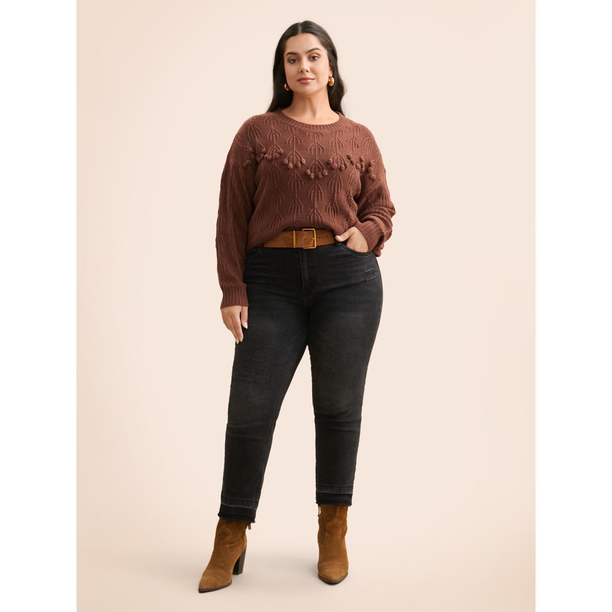 Plus Size Crochet Floral Drop Shoulder Sleeve Pullover DarkBrown Women Casual Long Sleeve Round Neck Everyday Pullovers BloomChic 22-24/3X Product Image