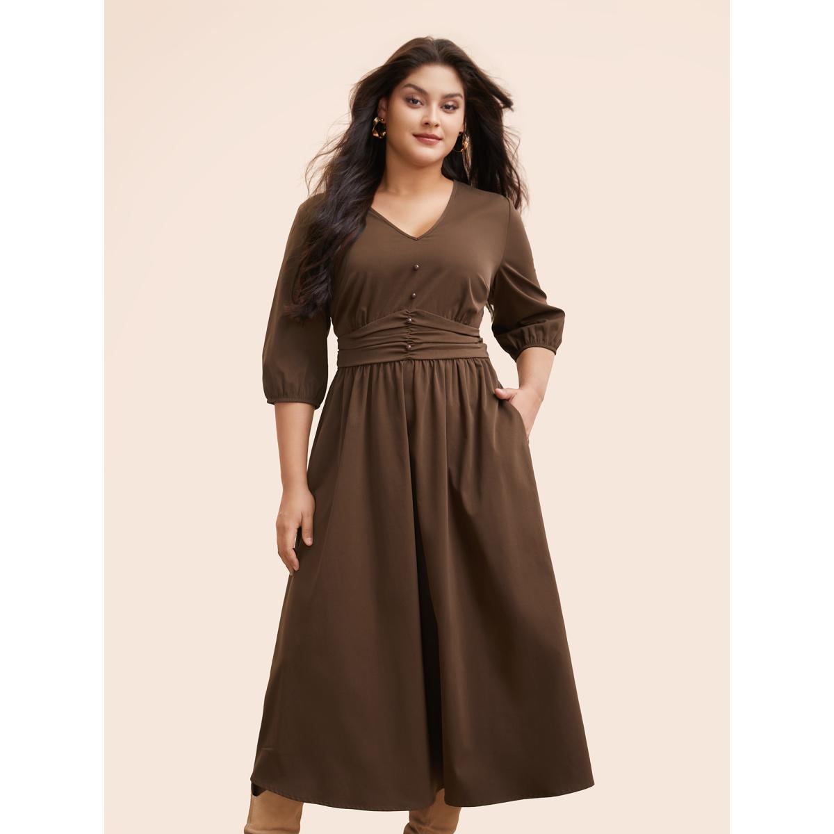 Plus Size V Neck Shirred Ruched Midi Dress DarkBrown Women Elegant Gathered V-neck Elbow-length sleeve Curvy BloomChic 14-16/1X Product Image
