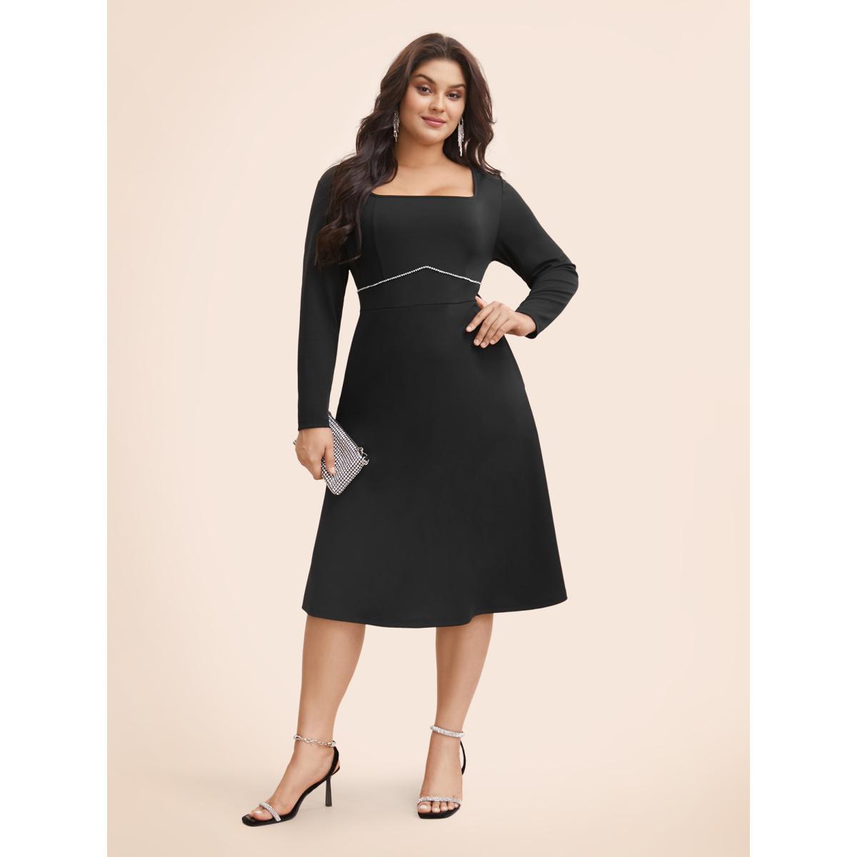 Plus Size Square Neck Shirred Rhinestone Midi Dress Black Women Cocktail Rhinestone detailing Party Curvy Bloomchic 10/M Product Image