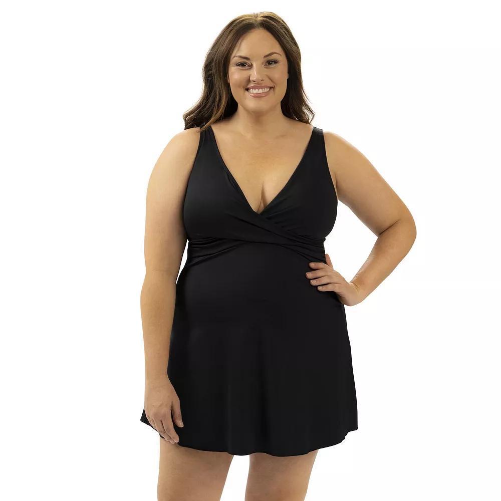 Womens Dolfin V-Neck Wrap Front One-Piece Swim Dress with Waistband Product Image