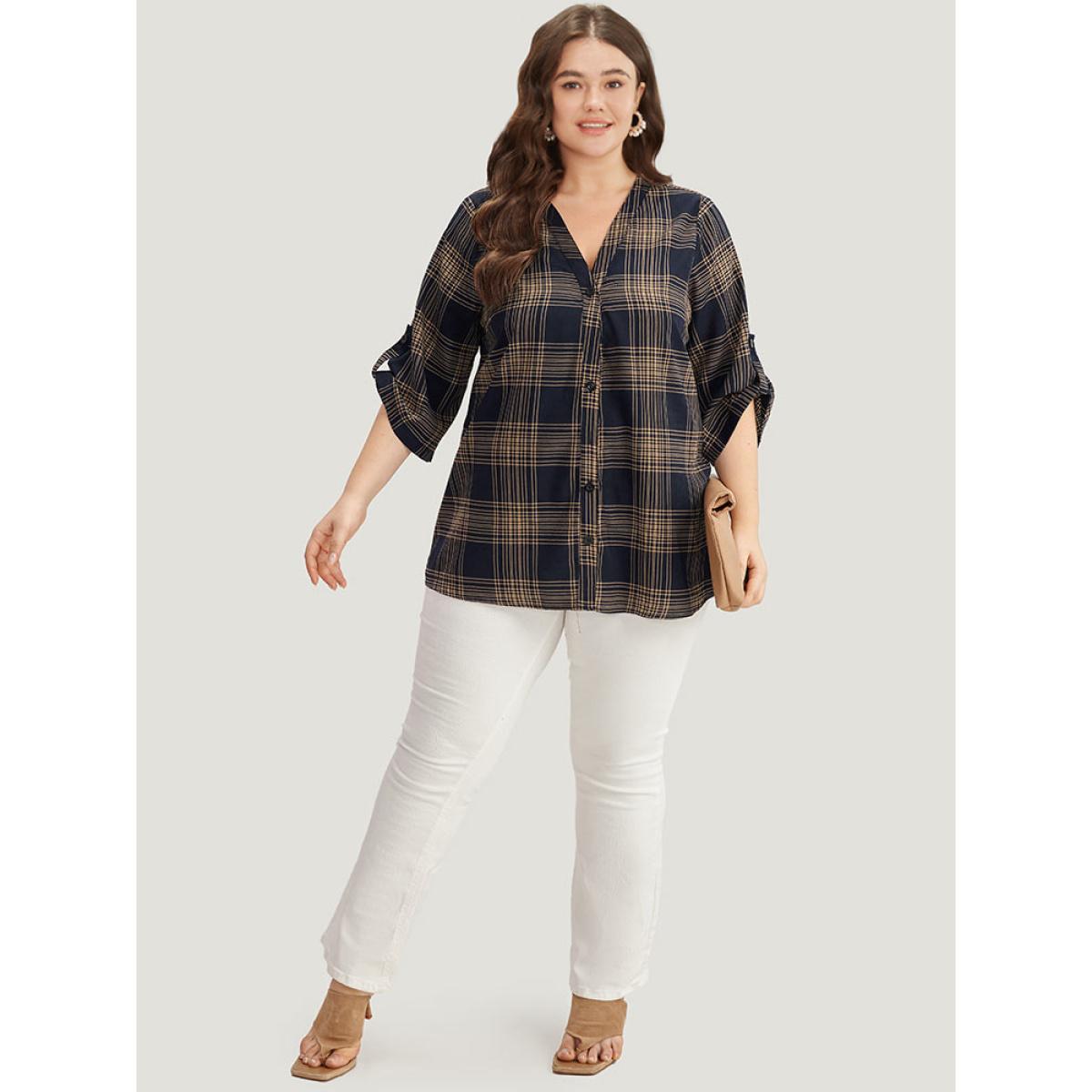 Plus Size Indigo Plaid Button Through Roll Tab Sleeve Blouse Women Office Half Sleeve V-neck Work Blouses BloomChic 26/4X Product Image