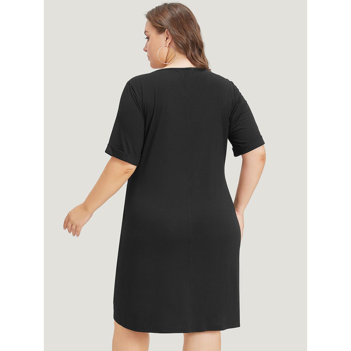Plus Size Supersoft Essentials Horoscope Print Pocket Roll Sleeve Dress Black Women Casual Plain V-neck Short sleeve Curvy Midi Dress BloomChic 12/L Product Image