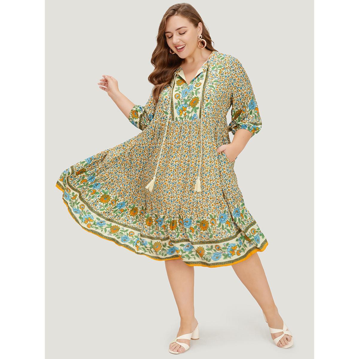 Plus Size Bandana Tassels Lantern Sleeve Ruffle Pocket Keyhole Neck Dress Beige Women Resort V-neck Elbow-length sleeve Curvy Midi Dress BloomChic 12/L Product Image