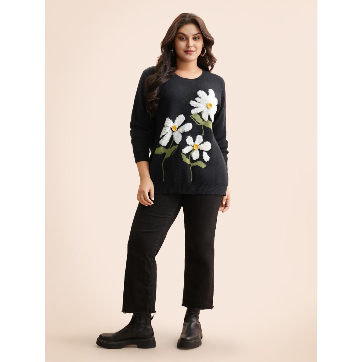 Plus Size Round Neck Floral Contrast Texture Pullover Indigo Women Casual Long Sleeve Round Neck Everyday Pullovers BloomChic 22-24/3X Product Image