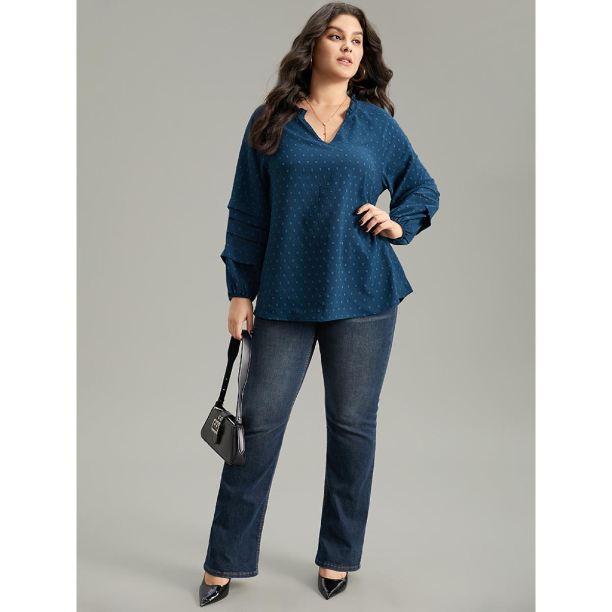 Plus Size Aegean Plain Textured Cut Out Frill Trim Lantern Sleeve Blouse Women Office Long Sleeve V-neck Work Blouses BloomChic 12/L Product Image