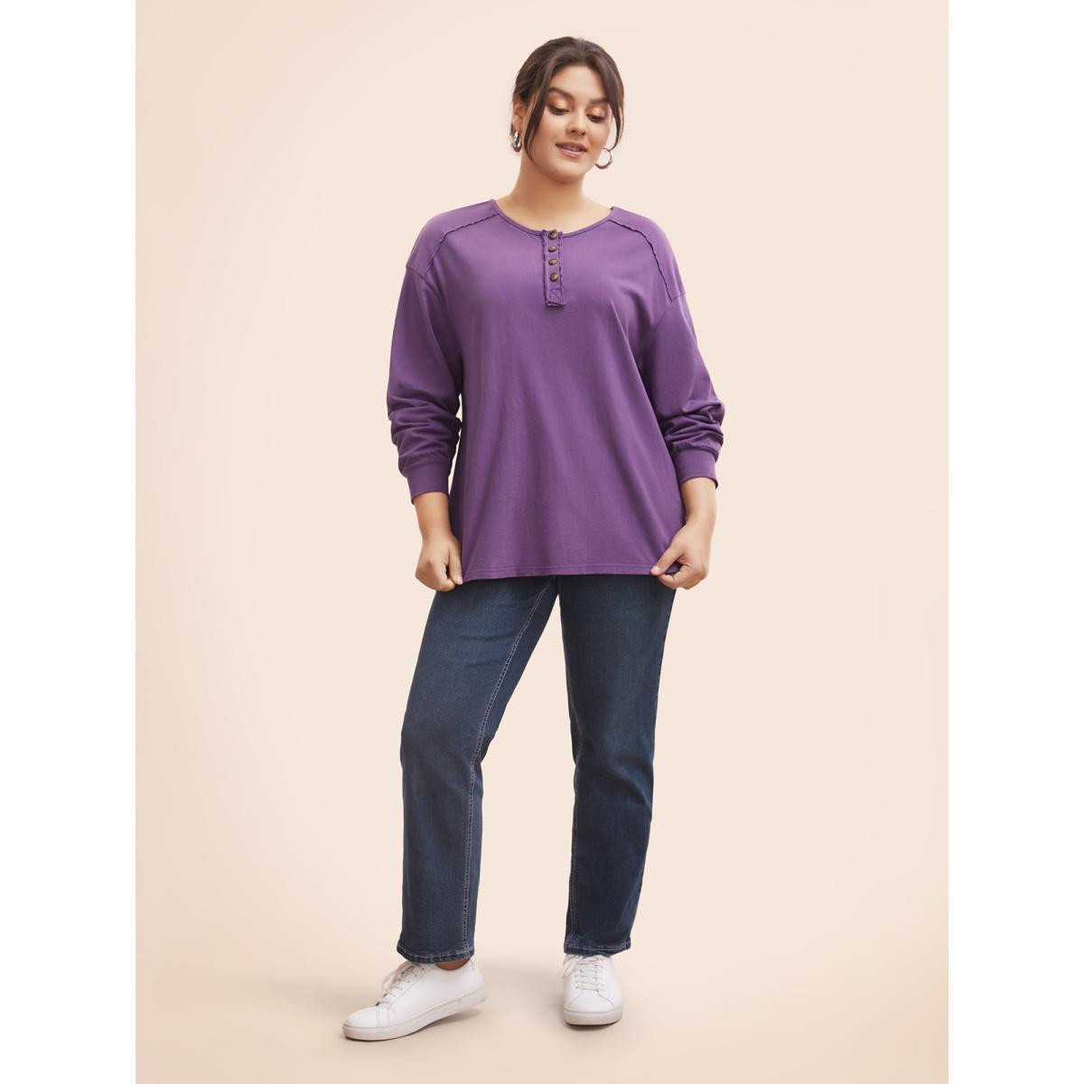Plus Size Vintage Button Up Drop Shoulder T-shirt Deeppurple Women Casual Button Round Neck Everyday T-shirts BloomChic 22-24/3X Product Image