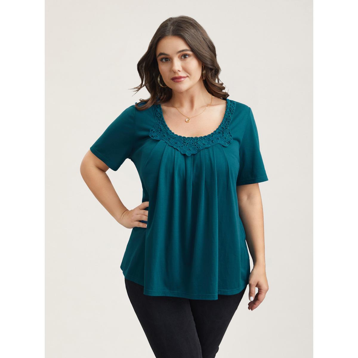 Plus Size Lace Trim Pleated Round Neck T-Shirt Cyan Women Casual Woven ribbon&lace trim Lace collar Everyday T-shirts BloomChic 26/4X Product Image