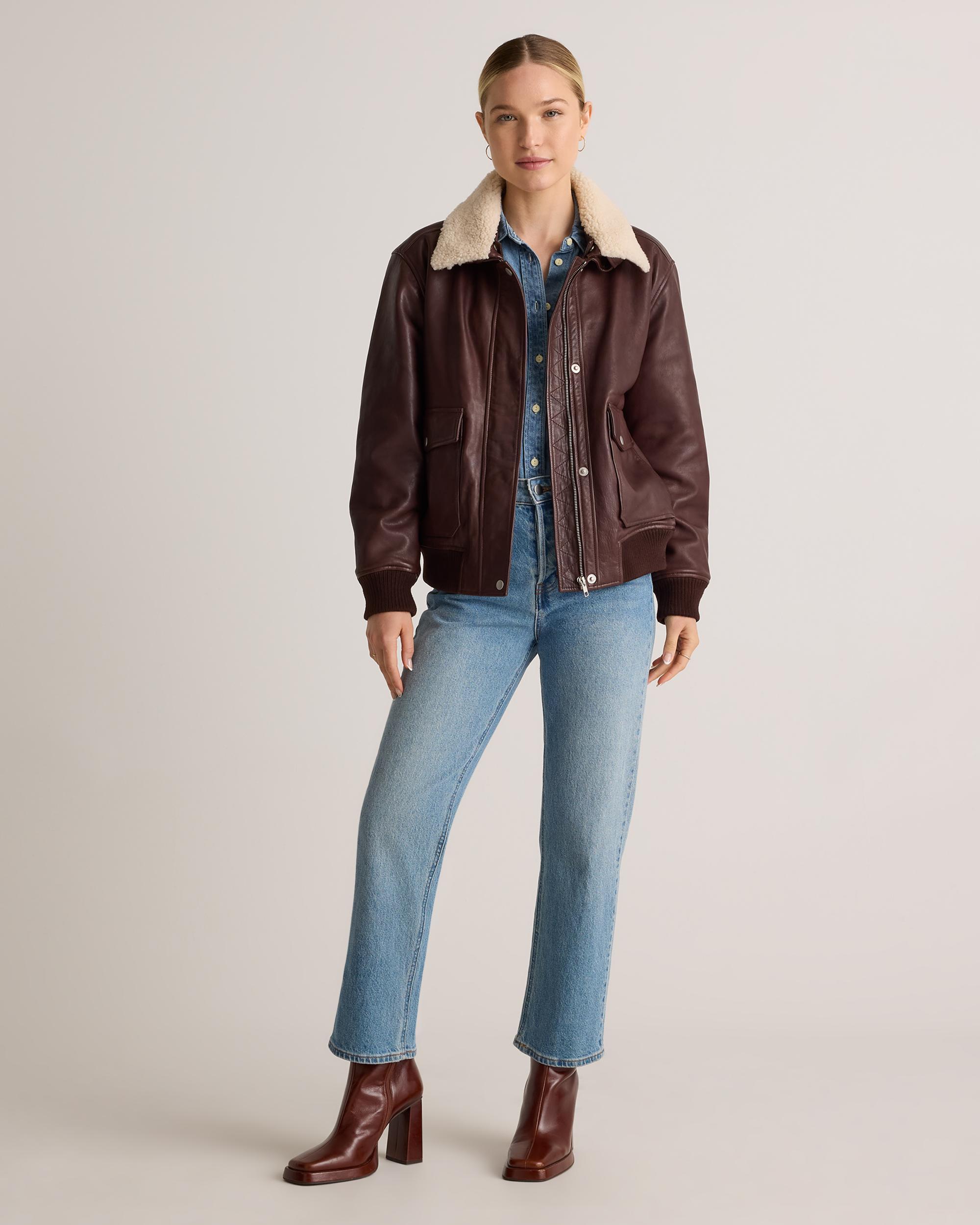 Quince | Women's Shearling Trim Aviator Jacket Size XL, Leather Product Image