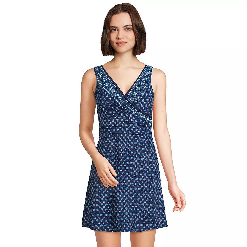Women's Lands' End Tummy Control Surplice Faux-Wrap One-Piece Swim Dress, Size: 2, Blue Geo Border Product Image