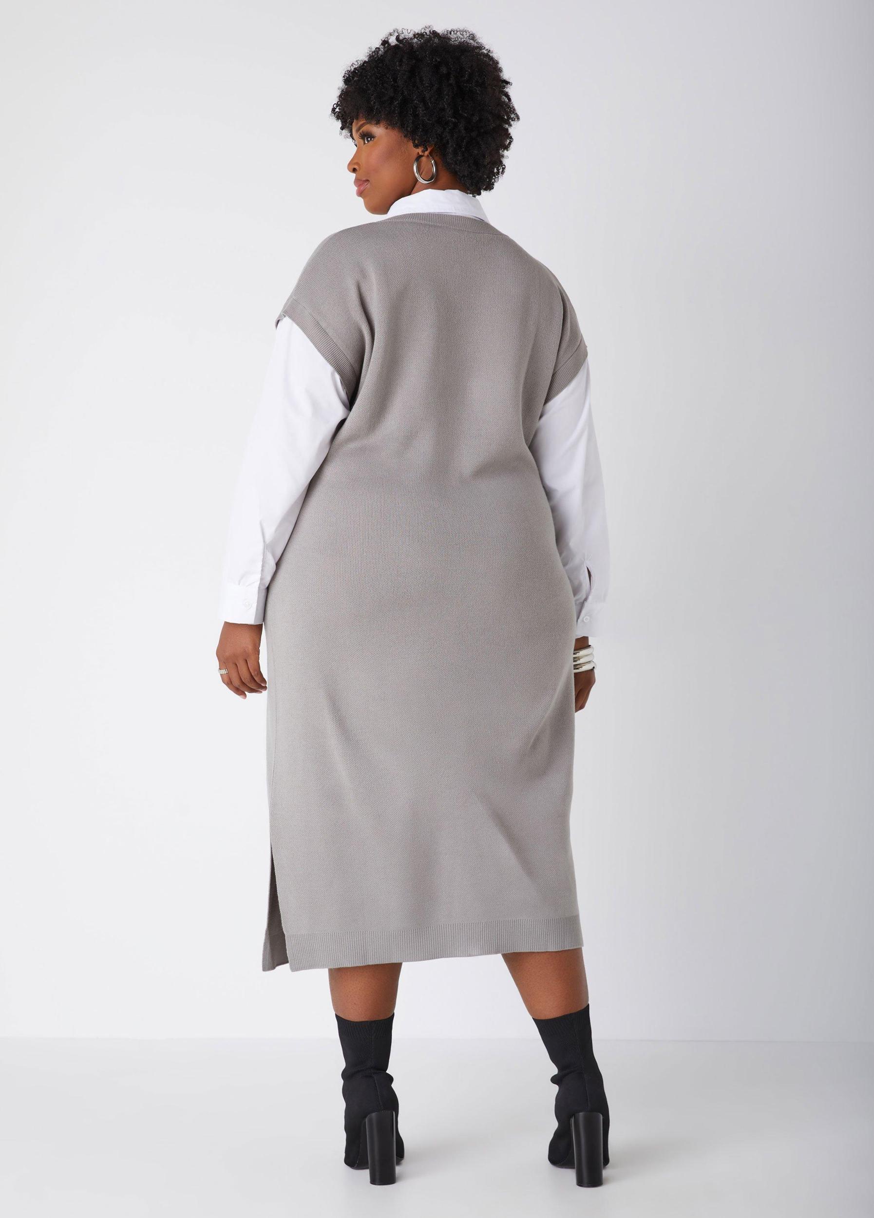 Plus Size Poplin Paneled Sweater Dress Ashley Stewart Product Image