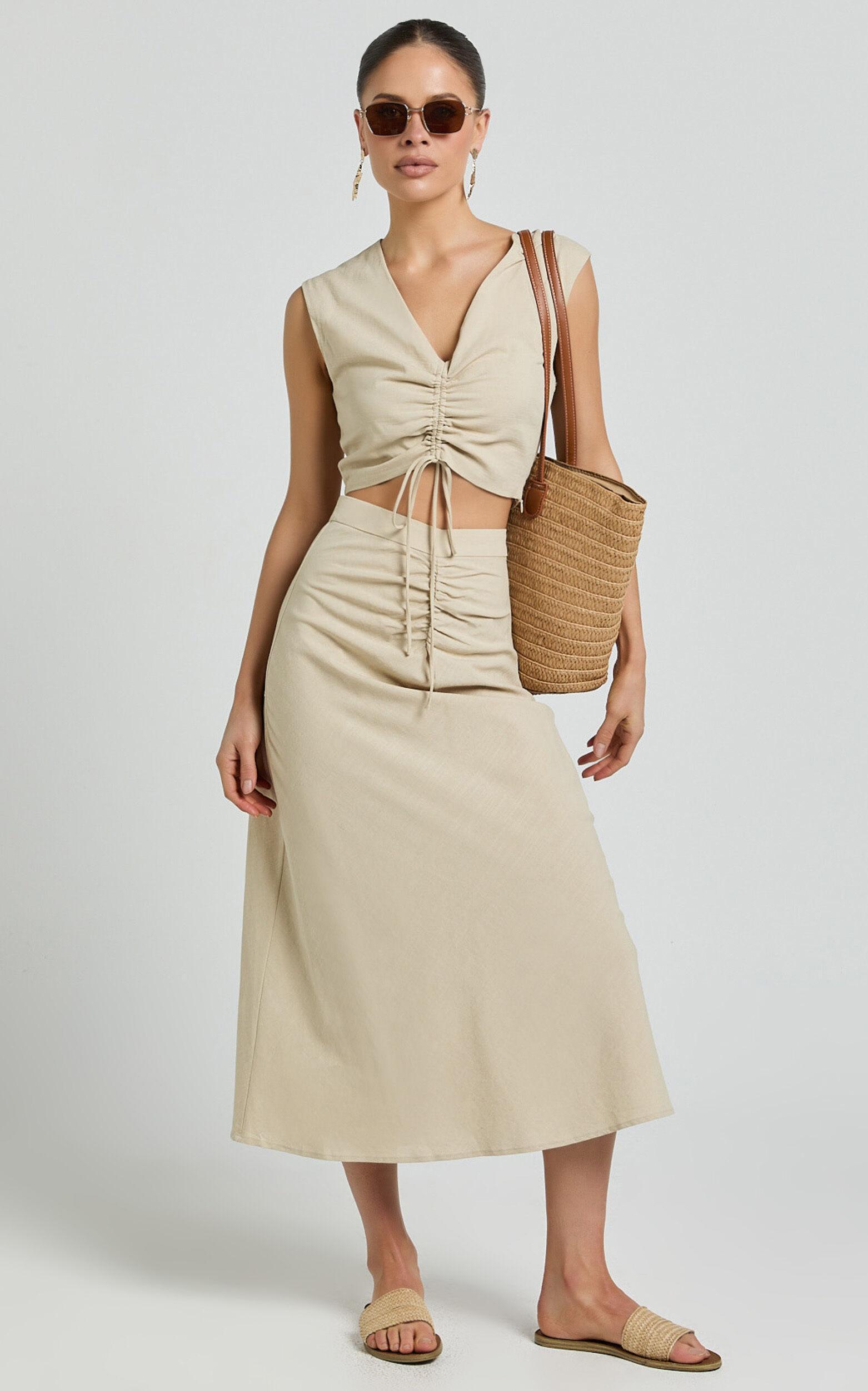Devan Two Piece Set - Ruched Crop Top and A Line Midi Skirt Set in Sand Product Image