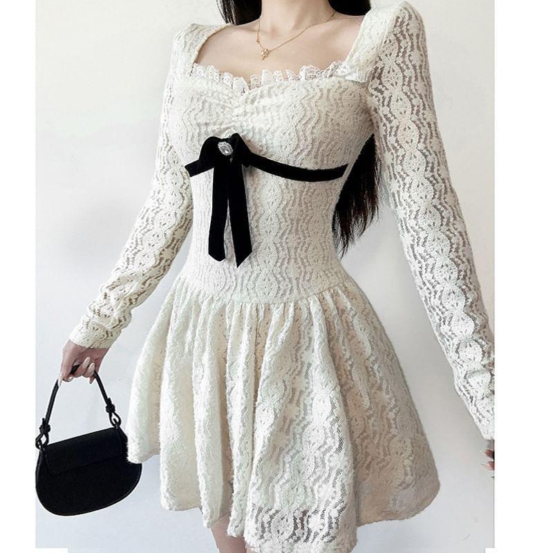 Long Sleeve Square-Neck Ruffled-Trim Plain Bow Accent Slim-Fit Mini A-Line Dress Product Image