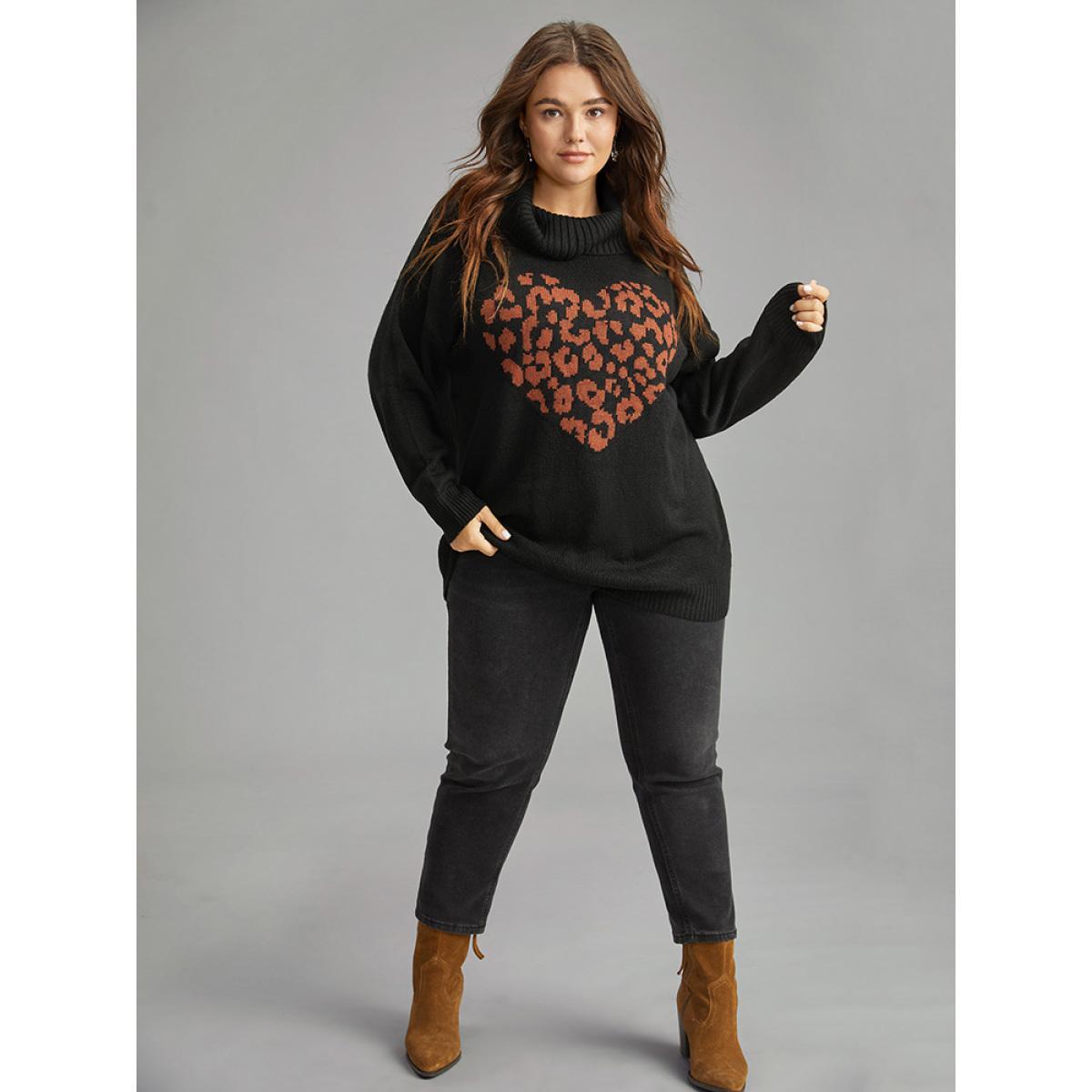 Plus Size Hreat Print Contrast Turtle Neck Pullover Black Women Casual Loose Long Sleeve Lapel Collar Dailywear Pullovers BloomChic 18-20/2X Product Image